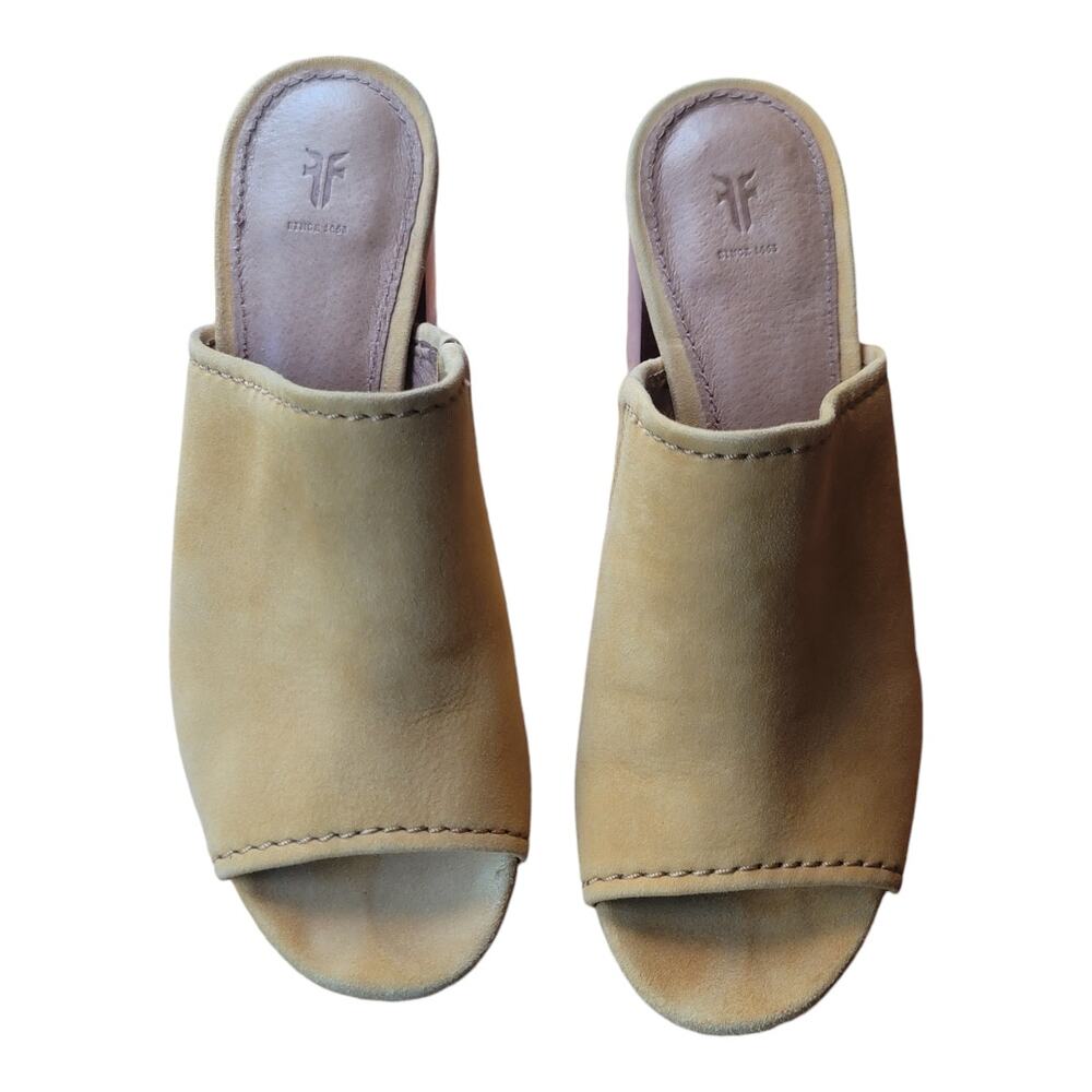 Frye‎ Blake High Block Heel Mules Yellow Suede Slip On Leather Footbed - Picture 6 of 6